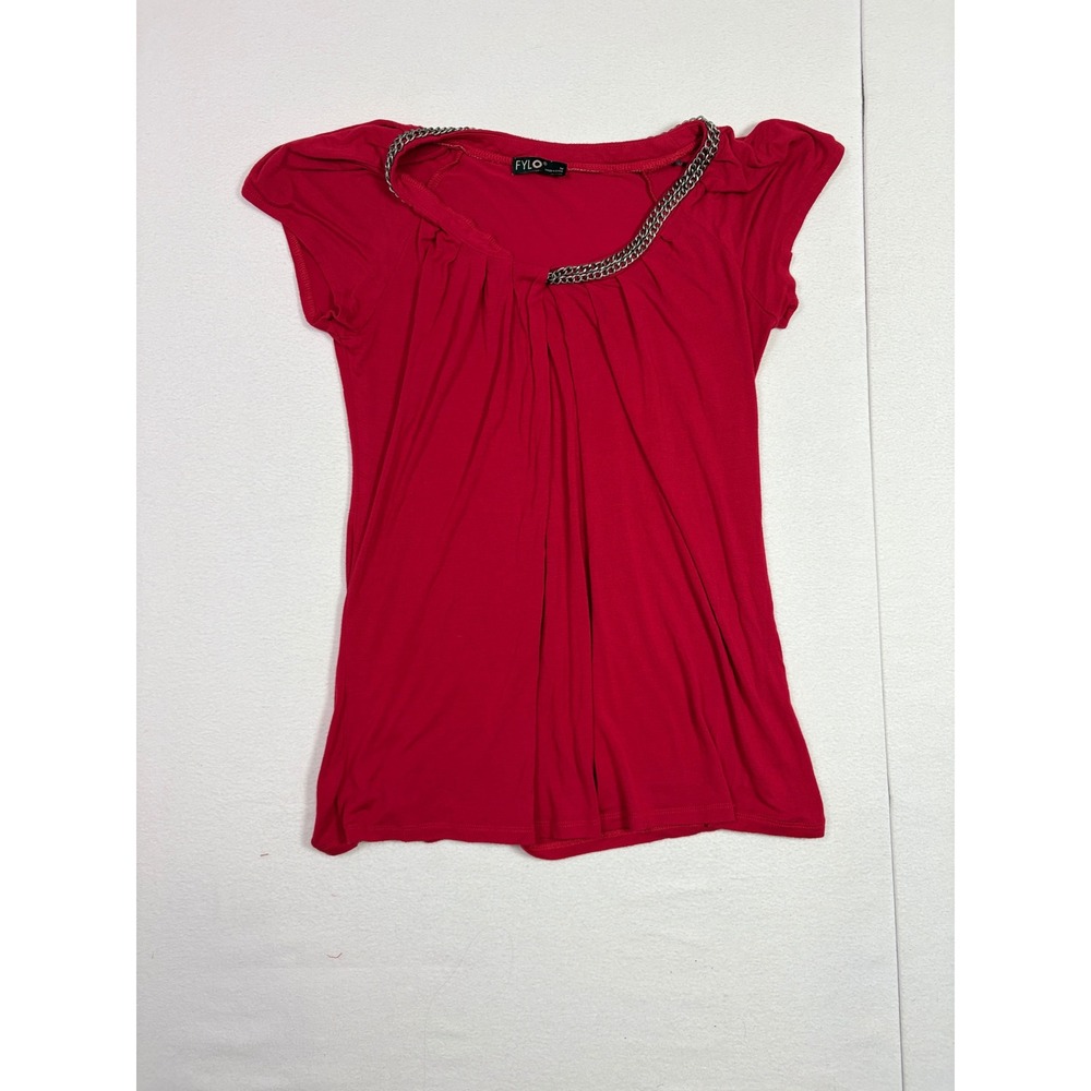 FYLO Womens Red Short Sleeve Chain Neck Pleated Blouse Top Size Medium